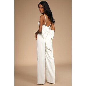 Lulus Lasting Romance Ivory Satin Bow Back Wide-leg Jumpsuit White - Size M